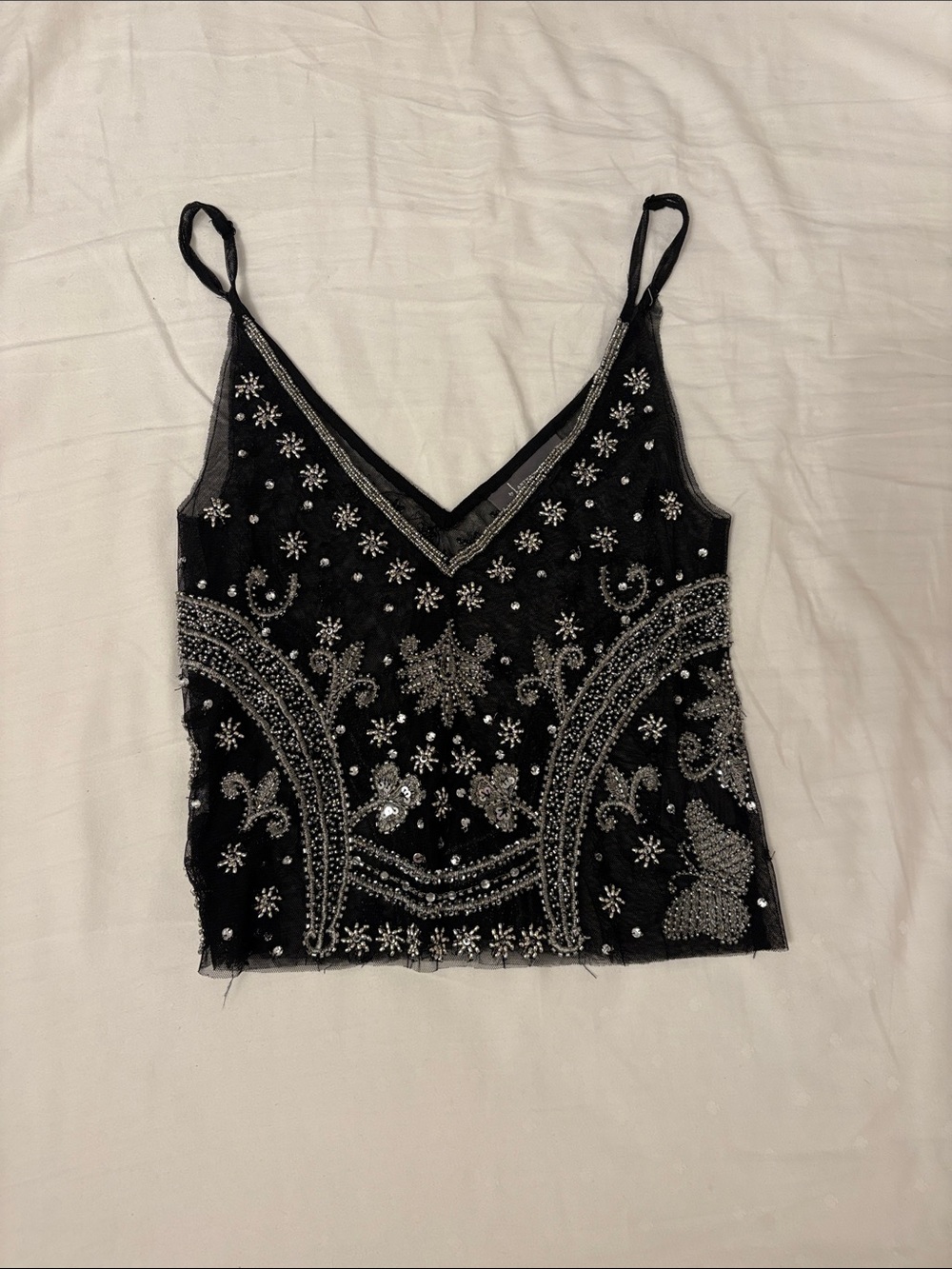 Anthropologie Black Beaded V-Neck Cami with Silver Embellishment